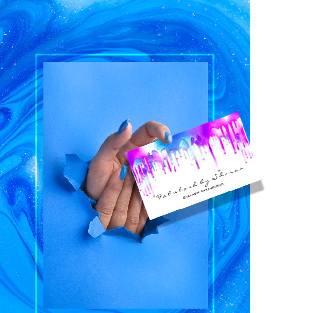 Tarjeta De Visita Artista de maquillaje Hológrafo Eyelash Drena Blan (Holographic Blu Pink Drips Nails FlorenceK )