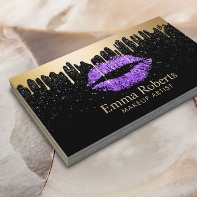 Tarjeta De Visita Artista de maquillaje labios púrpura gotea oro neg (Subido por el creador)