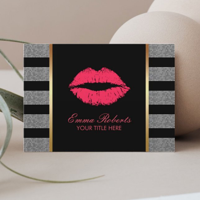 Tarjeta De Visita Artista de maquillaje Labios Rojos Bandas Plateada (Subido por el creador)
