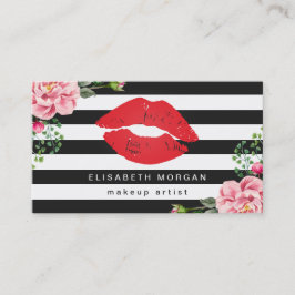Tarjeta De Visita Artista de maquillaje Labios Rojos Floral Rayas Bl