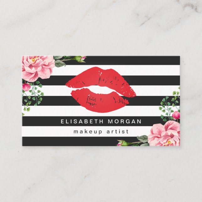 Tarjeta De Visita Artista de maquillaje Labios Rojos Floral Rayas Bl (Anverso)