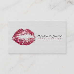 Tarjeta De Visita Artista de Maquillaje Labios Rojos Madera Moderna