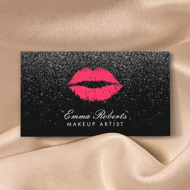 Tarjeta De Visita Artista de maquillaje labios rojos Purpurina negro (Subido por el creador)