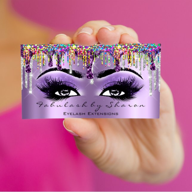 Tarjeta De Visita Artista de maquillaje Láminas de guijarros de ojal (Makeup Artist Brow Eyelash Drips Purple Holograph Business Card)