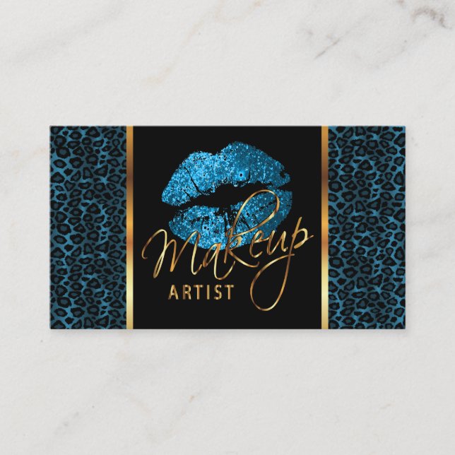 Tarjeta De Visita Artista de maquillaje - Leopard & Turquoise Lips (Anverso)