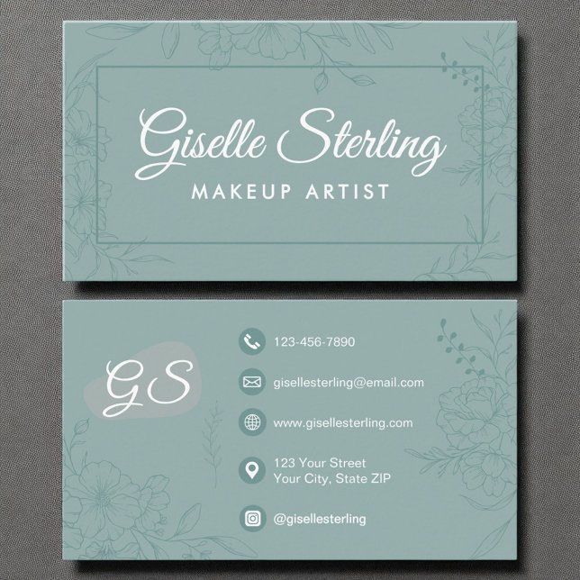 Tarjeta De Visita Artista de maquillaje Línea floral Verde azulada A (Subido por el creador)