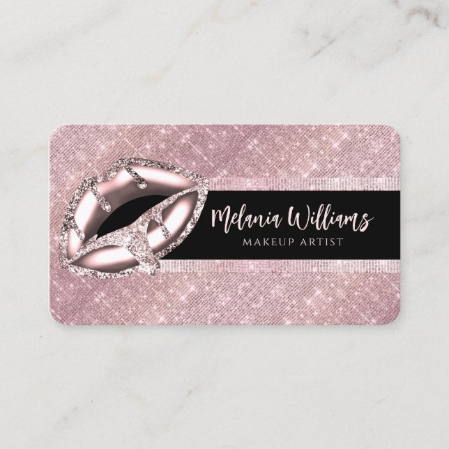 Tarjeta De Visita Artista de maquillaje Lips Rosa Negro Purpurina de (Anverso)
