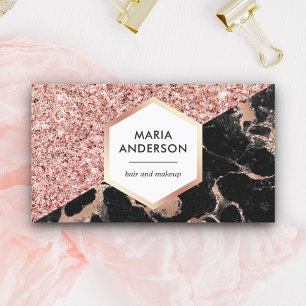 Tarjeta De Visita Artista de Maquillaje Mármol Negro Brillo Oro Rosa