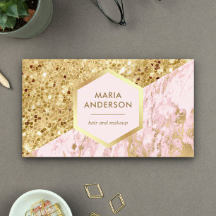 Tarjeta De Visita Artista de Maquillaje Mármol Rosa Brillo Dorado