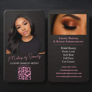 Tarjeta De Visita Artista de Maquillaje Metálico Código QR Lujo Negr