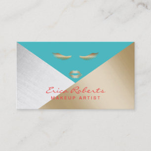 Tarjeta De Visita Artista de maquillaje moderno dorado plata y turqu