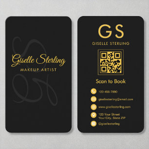 Tarjeta De Visita Artista de maquillaje Monograma Oro Negro QR Códig