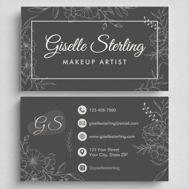 Tarjeta De Visita Artista de maquillaje Moody Carbón Gris Floral Mod (Subido por el creador)