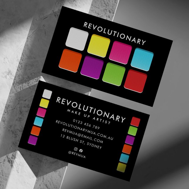 Tarjeta De Visita Artista de maquillaje Neon Eyeshadow Pallete en ne (Makeup artist business card made to look like an eyeshadow pallete)