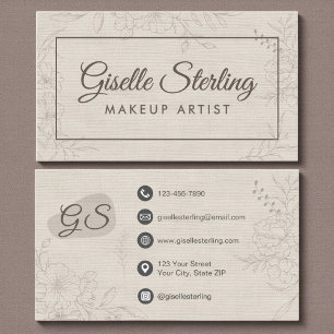 Tarjeta De Visita Artista de Maquillaje Neutral Lino Floral Elegante