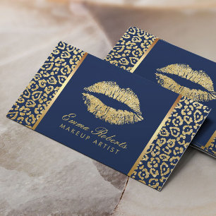 Tarjeta De Visita Artista de maquillaje Oro Lips Leopard Marina Azul