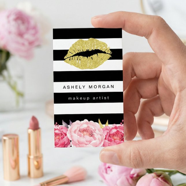 Tarjeta De Visita Artista de maquillaje Oro Lips Modernas Bandas Dec (Subido por el creador)
