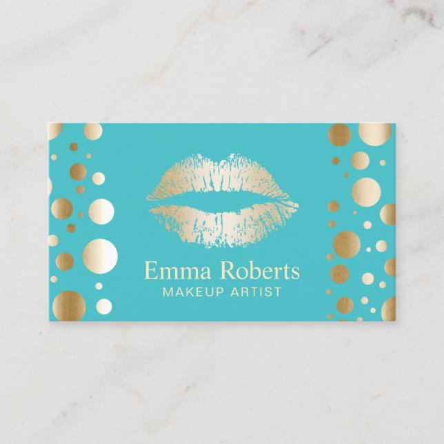 Tarjeta De Visita Artista de maquillaje Oro Lips Puntos Modernos Tur (Anverso)