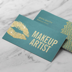 Tarjeta De Visita Artista de maquillaje Oro Lips Turquesa Moderno