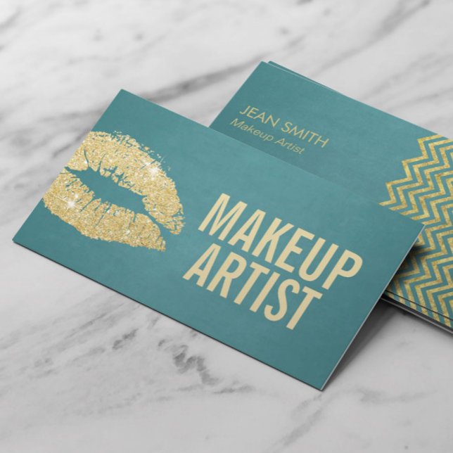 Tarjeta De Visita Artista de maquillaje Oro Lips Turquesa Moderno (Subido por el creador)
