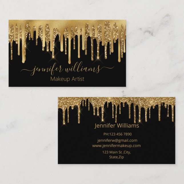 Tarjeta De Visita artista de maquillaje oro negro goteando purpurina (Anverso / Reverso)
