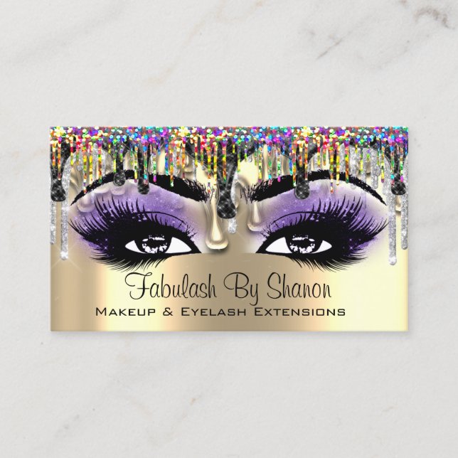 Tarjeta De Visita Artista de maquillaje Oro Purple Lashes Holograph  (Anverso)