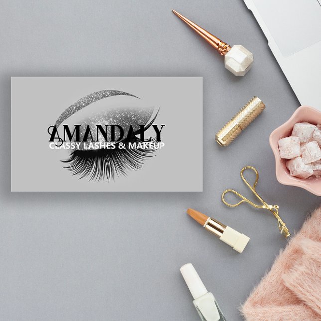 Tarjeta De Visita Artista de maquillaje profesional Eyelash QR LOGO  (Makeup Artist Eyelash Extensions QR LOGO Silver Business Card)