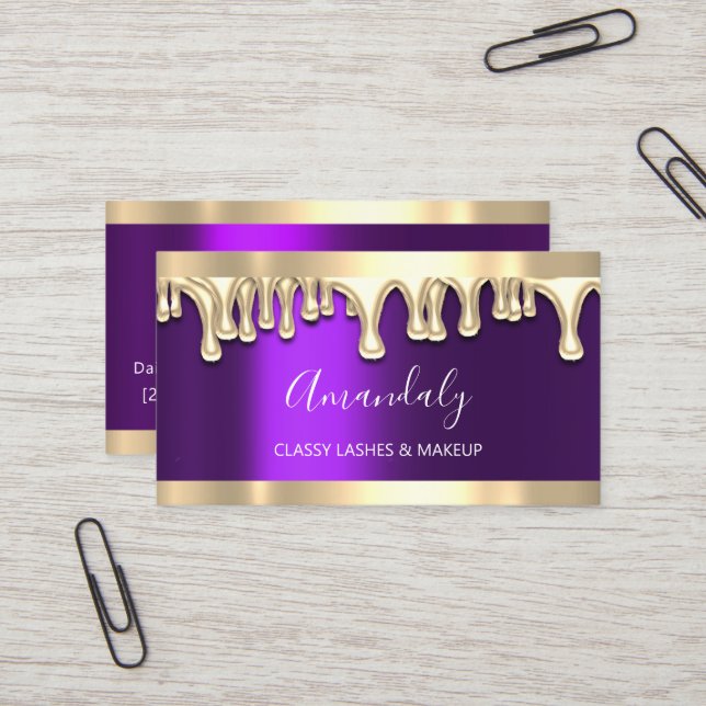 Tarjeta De Visita Artista de maquillaje profesional Gold Purple Viol (Anverso/Reverso In Situ)