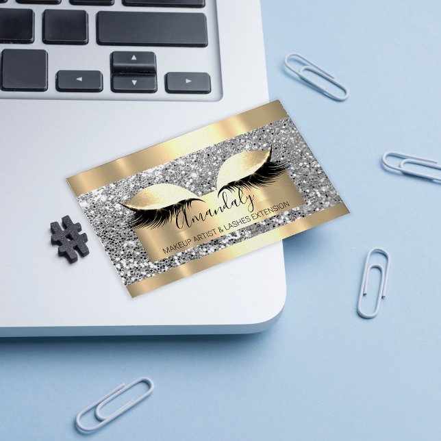 Tarjeta De Visita Artista de maquillaje profesional Lash Event Gray  (Professional Makeup Artist Lash Event Gray Gold Business Card)