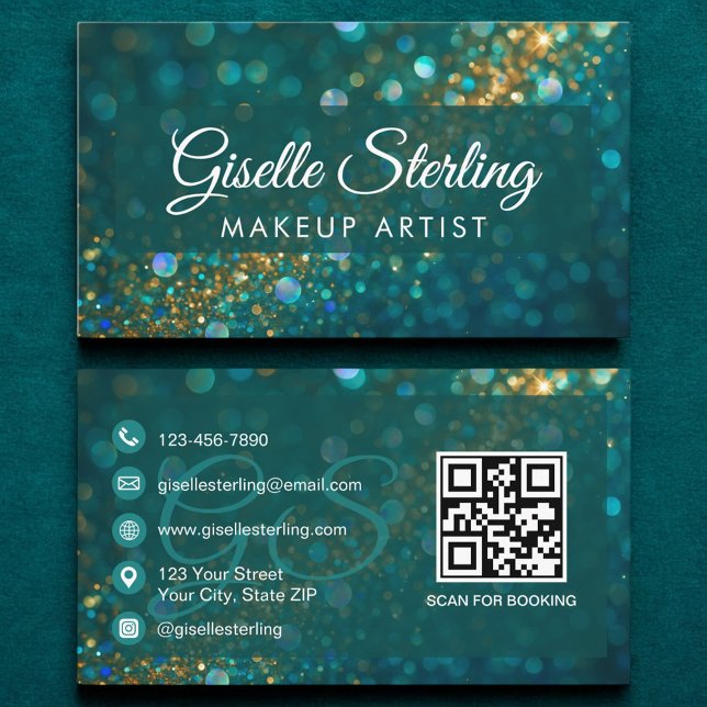 Tarjeta De Visita Artista de maquillaje Purpurina de oro Verde azula (Subido por el creador)