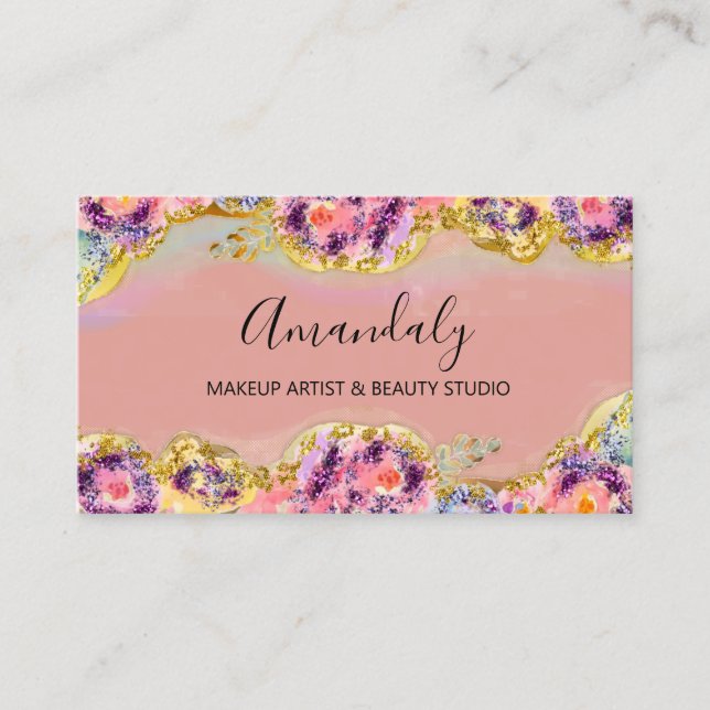 Tarjeta De Visita Artista de maquillaje Purpurina Gold Cosmetics Flo (Anverso)