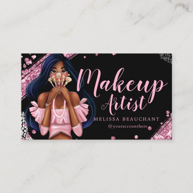 Tarjeta De Visita Artista de maquillaje Purpurina lujoso rosado negr (Anverso)
