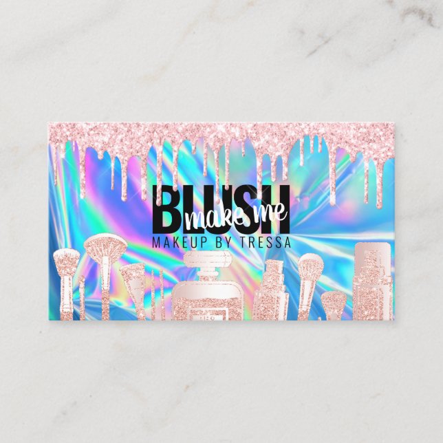 Tarjeta De Visita Artista de maquillaje Purpurina rosado gotea azul  (Anverso)
