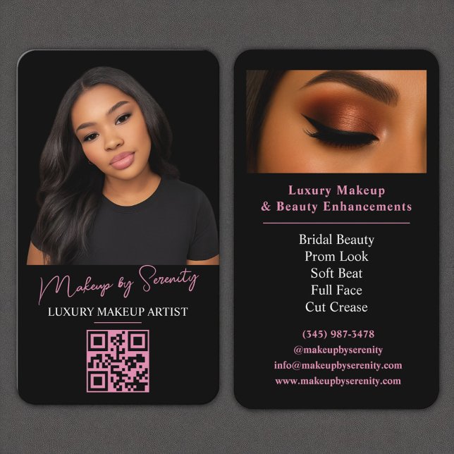 Tarjeta De Visita Artista de maquillaje QR Código Belleza rosa negro (Subido por el creador)