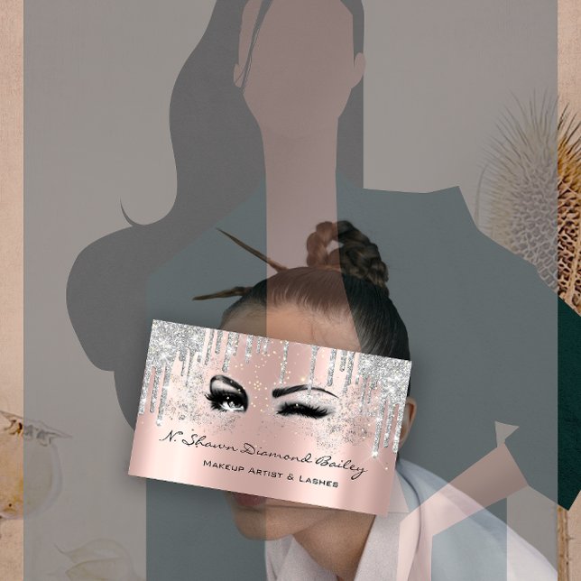 Tarjeta De Visita Artista de maquillaje real azota a Rosa goteo gris (Royal Makeup Artist Lashes Rose Drip Silver Gray Business Card)