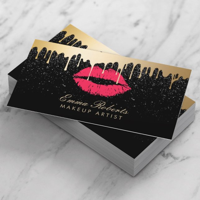 Tarjeta De Visita Artista de maquillaje Red Lips Gold Drin Negro mod (Subido por el creador)