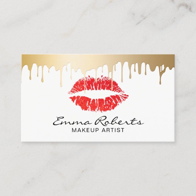Tarjeta De Visita Artista de maquillaje Red Lips Gold Drin Salón Mod (Anverso)