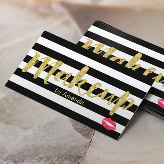 Tarjeta De Visita Artista de maquillaje Red Lips Gold Script Moderna (Subido por el creador)
