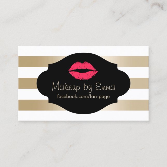 Tarjeta De Visita Artista de maquillaje Rojo Lips de Oro Moderno (Anverso)