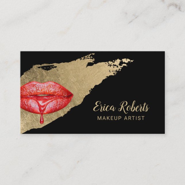 Tarjeta De Visita Artista de maquillaje Rojo Lips de Oro Moderno Str (Anverso)