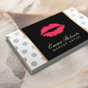 Tarjeta De Visita Artista de maquillaje Rojo Lips modernos de plata
