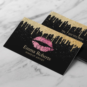 Tarjeta De Visita Artista de maquillaje Rosa Caliente Lips de Oro Mo