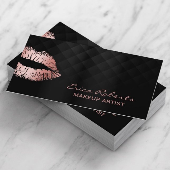 Tarjeta De Visita Artista de maquillaje Rosa Gold Lips Salón Negro d (Subido por el creador)
