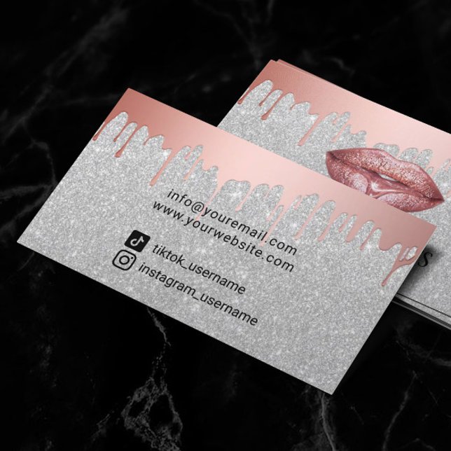Tarjeta De Visita Artista de maquillaje Rosa Oro goteo labial Plata (Subido por el creador)