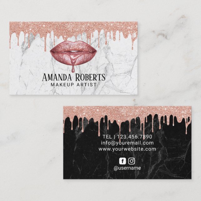 Tarjeta De Visita Artista de maquillaje Rosa Oro Ropa de goteo Marbl (Anverso / Reverso)