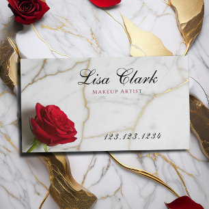 Tarjeta De Visita Artista de Maquillaje Rosa Roja Chic Mármol Blanco