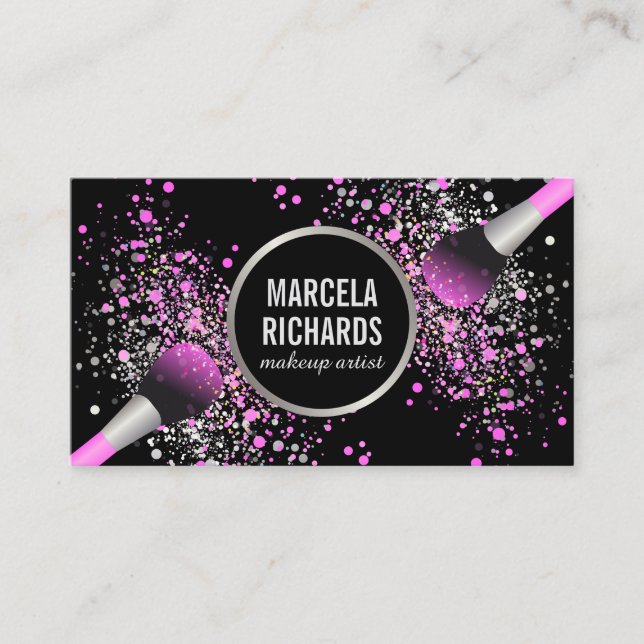 Tarjeta De Visita Artista de maquillaje Rubor Confetti rosa y platea (Anverso)