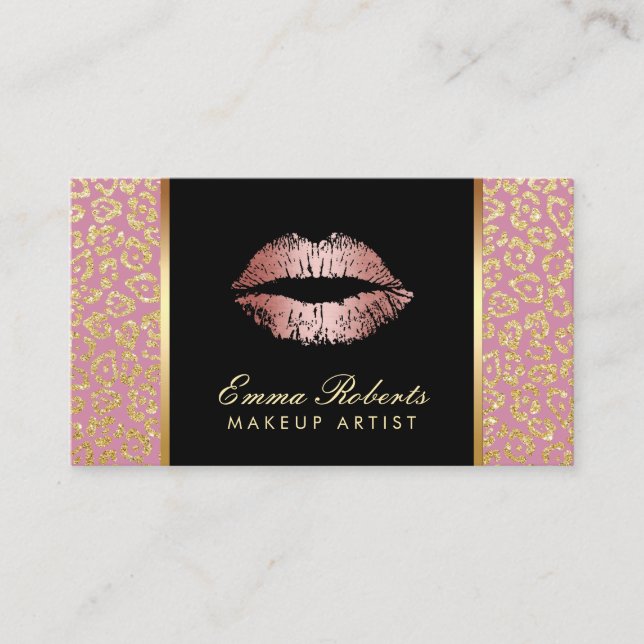 Tarjeta De Visita Artista de maquillaje Salón Rosa Oro Lips Leopardo (Anverso)