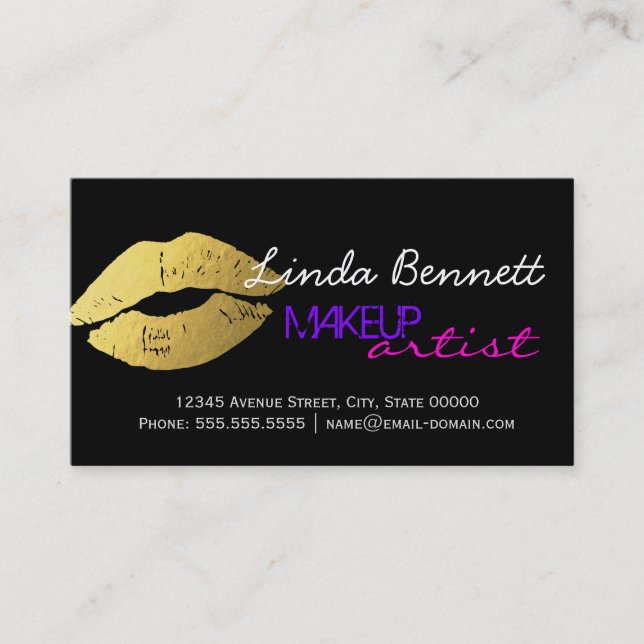 Tarjeta De Visita Artista de maquillaje - Sassy Gold Lips Estilo Tóp (Anverso)