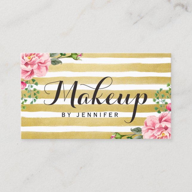 Tarjeta De Visita Artista de maquillaje Script Clásico Floral Gold S (Anverso)